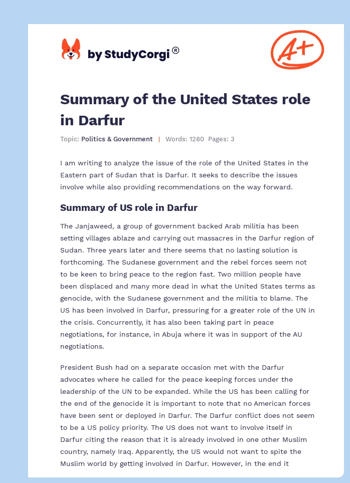 Summary of the United States role in Darfur. Page 1