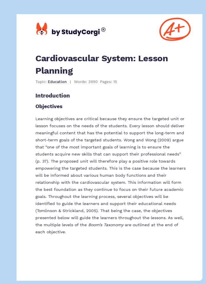 Cardiovascular System: Lesson Planning. Page 1