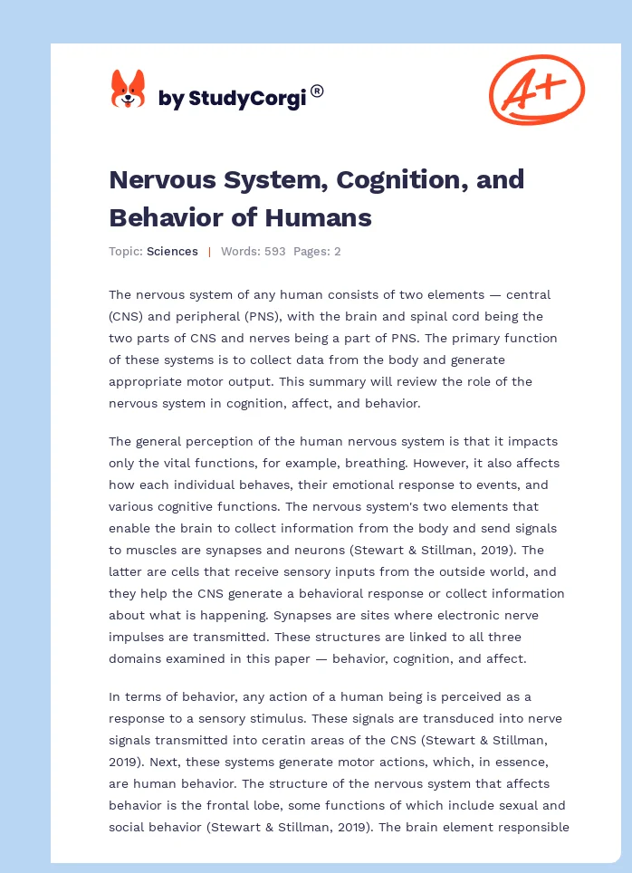 Nervous System, Cognition, and Behavior of Humans. Page 1