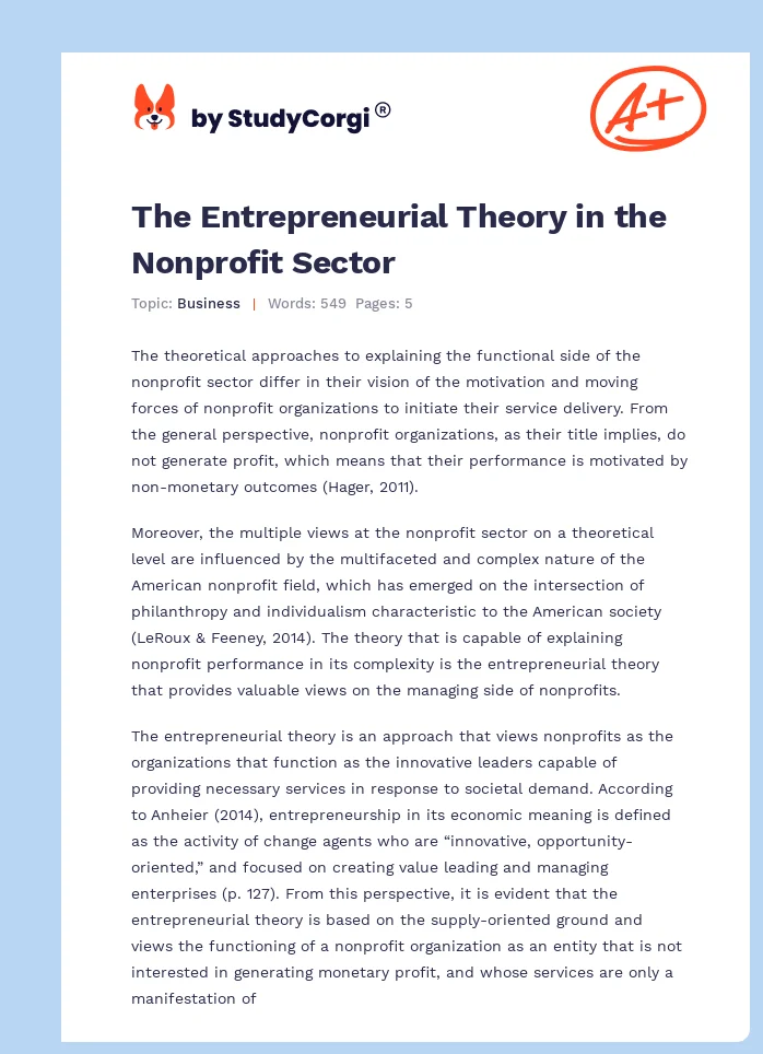 The Entrepreneurial Theory in the Nonprofit Sector. Page 1