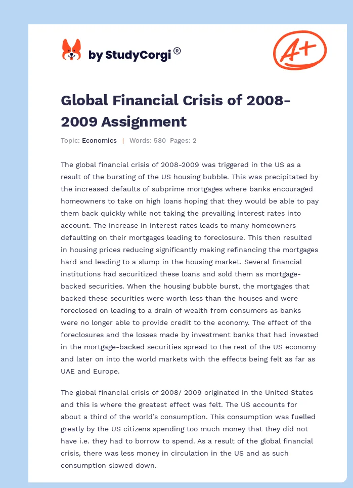 Global Financial Crisis of 2008-2009 Assignment. Page 1