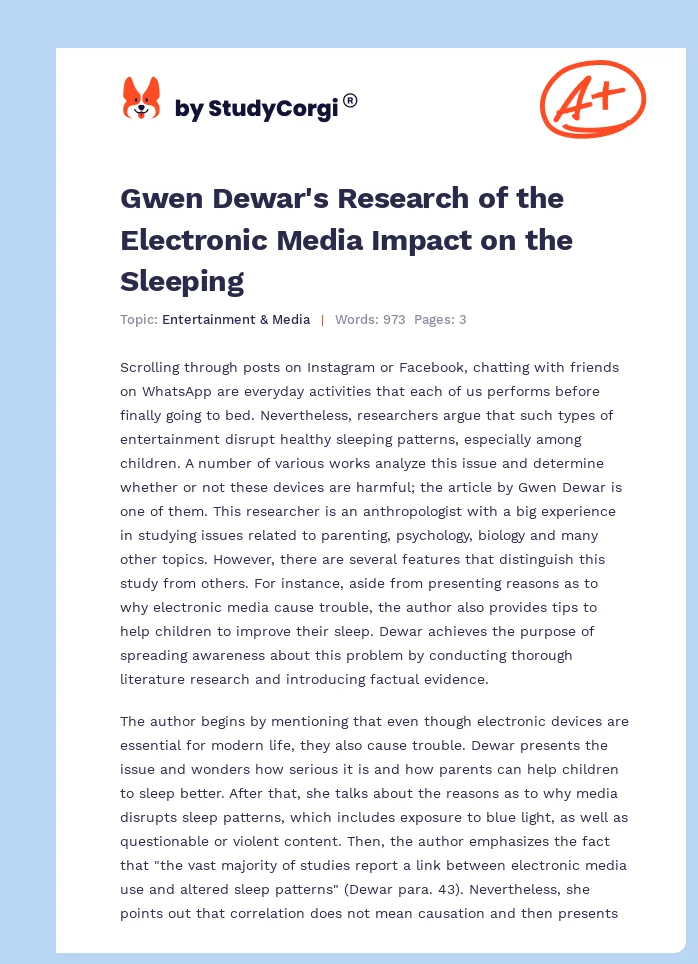 Gwen Dewar's Research of the Electronic Media Impact on the Sleeping. Page 1