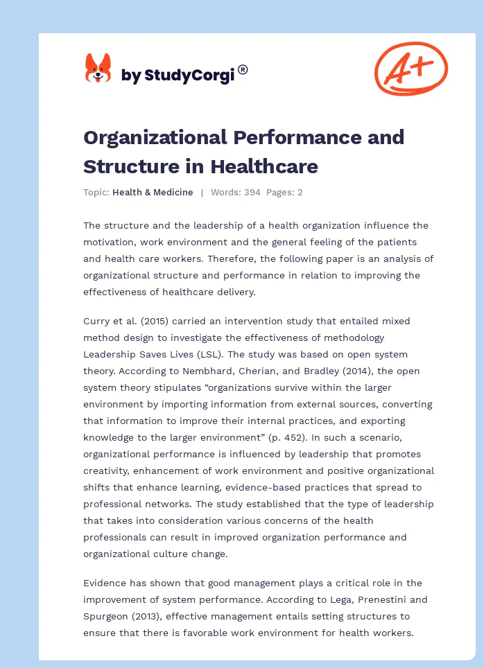 Organizational Performance and Structure in Healthcare. Page 1