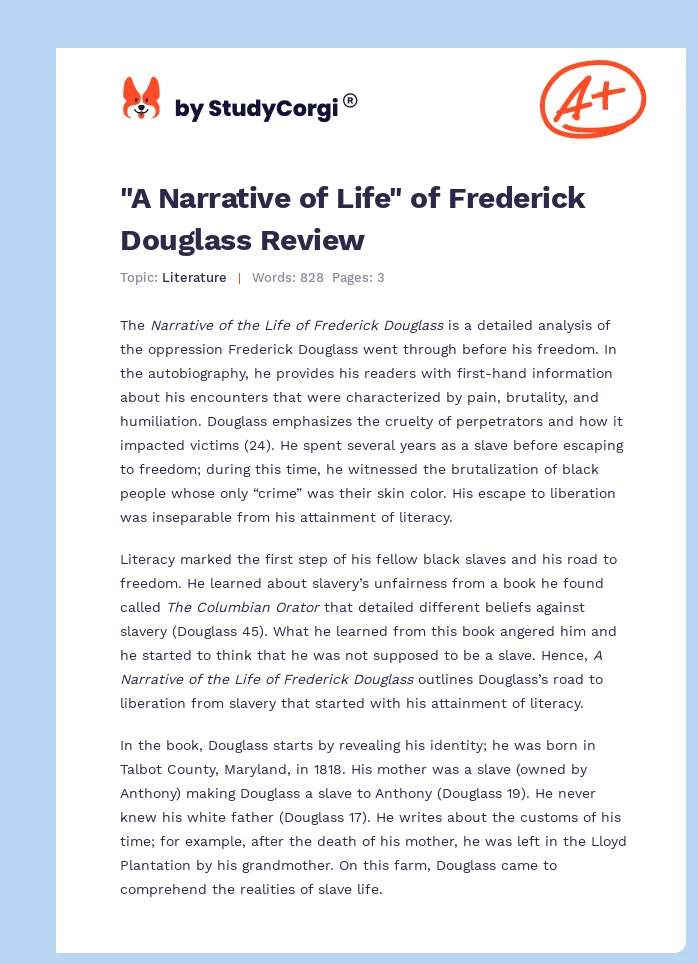 "A Narrative of Life" of Frederick Douglass Review. Page 1