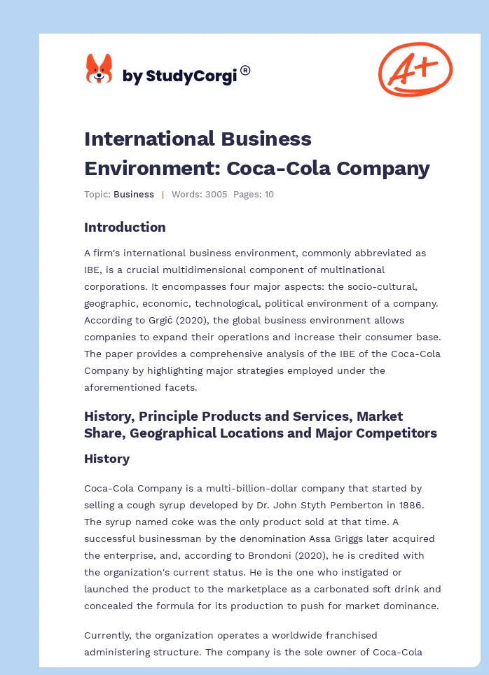 International Business Environment: Coca-Cola Company. Page 1