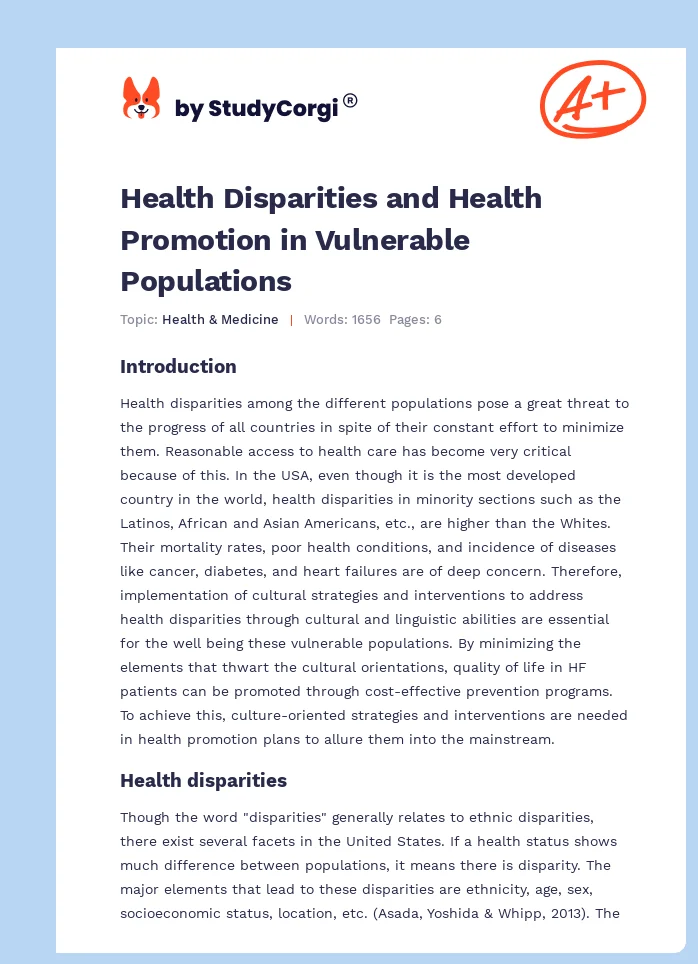 Health Disparities and Health Promotion in Vulnerable Populations. Page 1