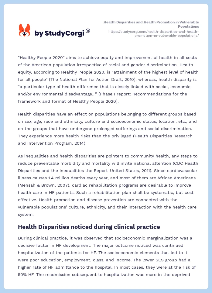 Health Disparities and Health Promotion in Vulnerable Populations. Page 2