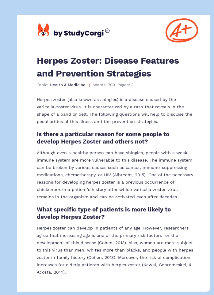 Herpes Zoster: Disease Features and Prevention Strategies. Page 1