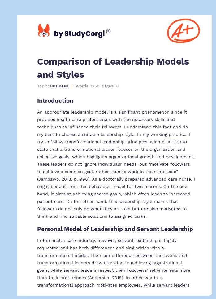 Comparison of Leadership Models and Styles. Page 1