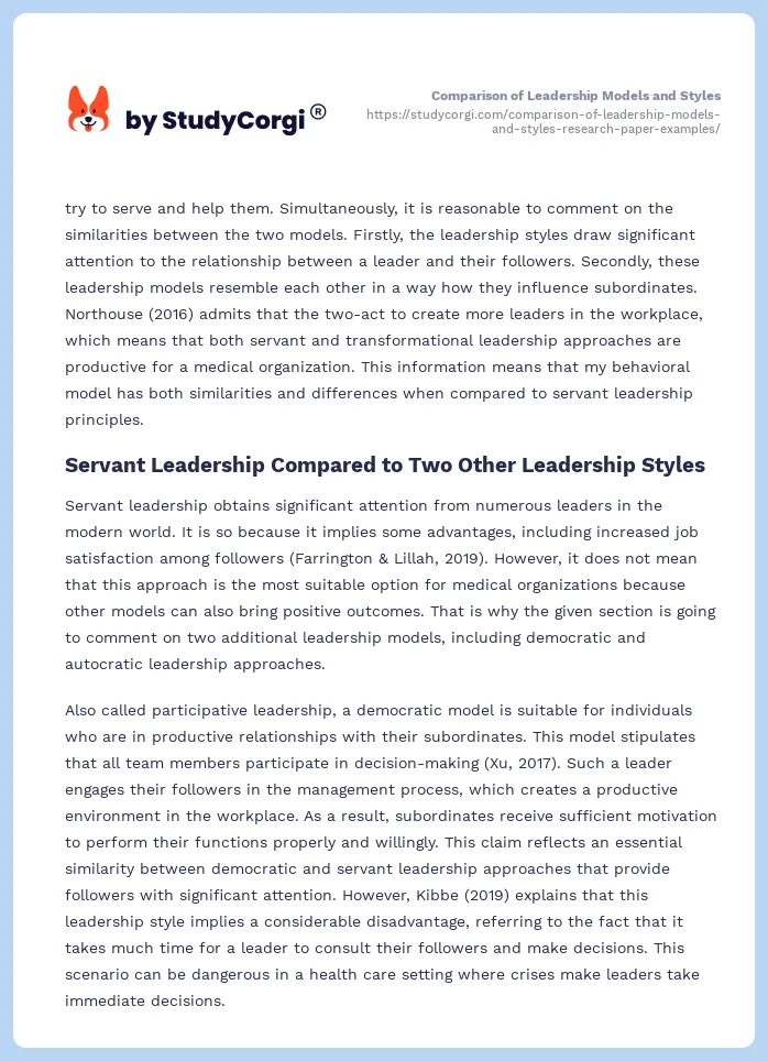 Comparison of Leadership Models and Styles. Page 2