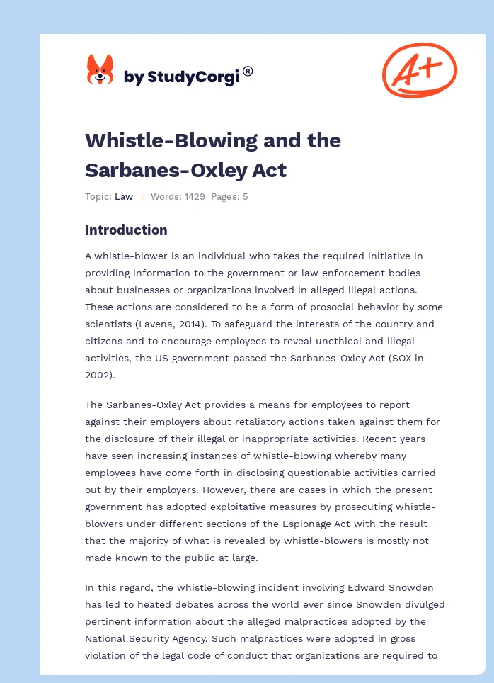 Whistle-Blowing and the Sarbanes-Oxley Act. Page 1