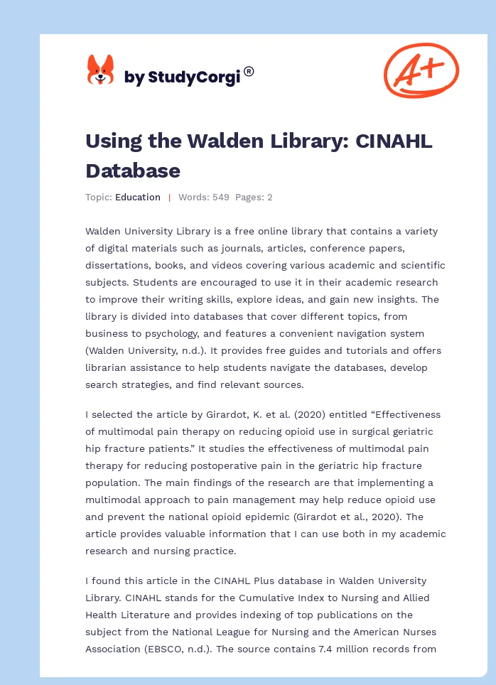 Using the Walden Library: CINAHL Database. Page 1
