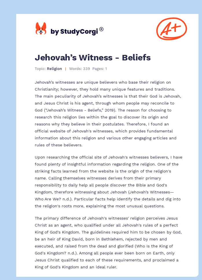 Jehovah’s Witness - Beliefs. Page 1