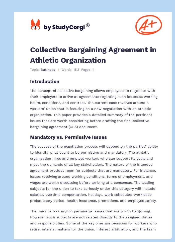 Collective Bargaining Agreement in Athletic Organization. Page 1