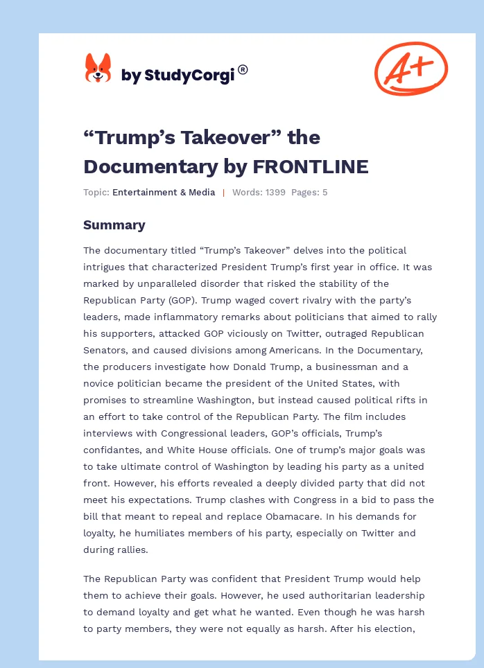 “Trump’s Takeover” the Documentary by FRONTLINE. Page 1