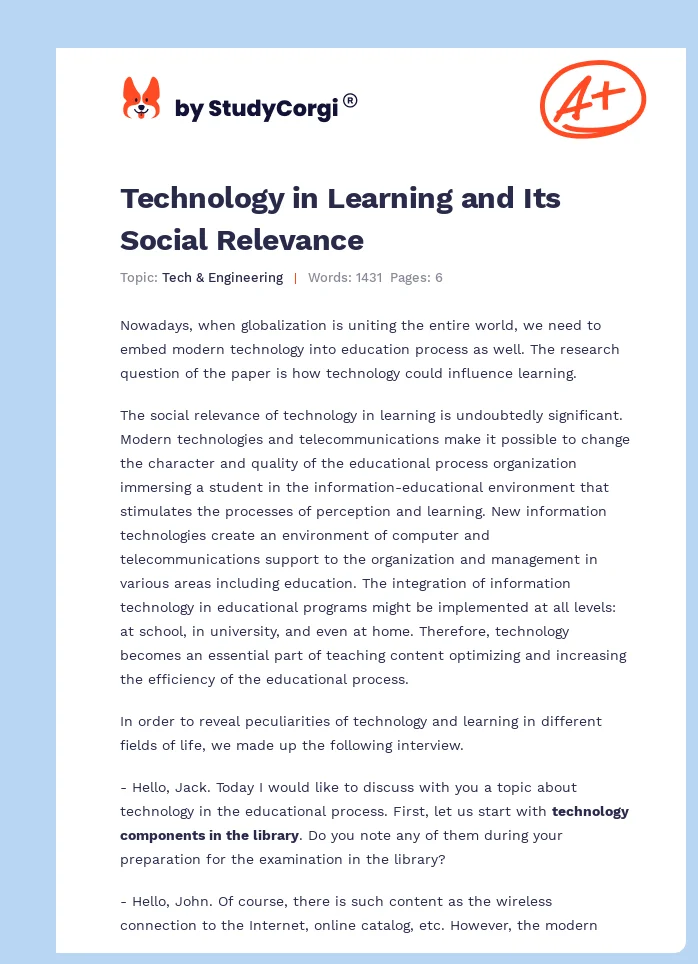 Technology in Learning and Its Social Relevance. Page 1