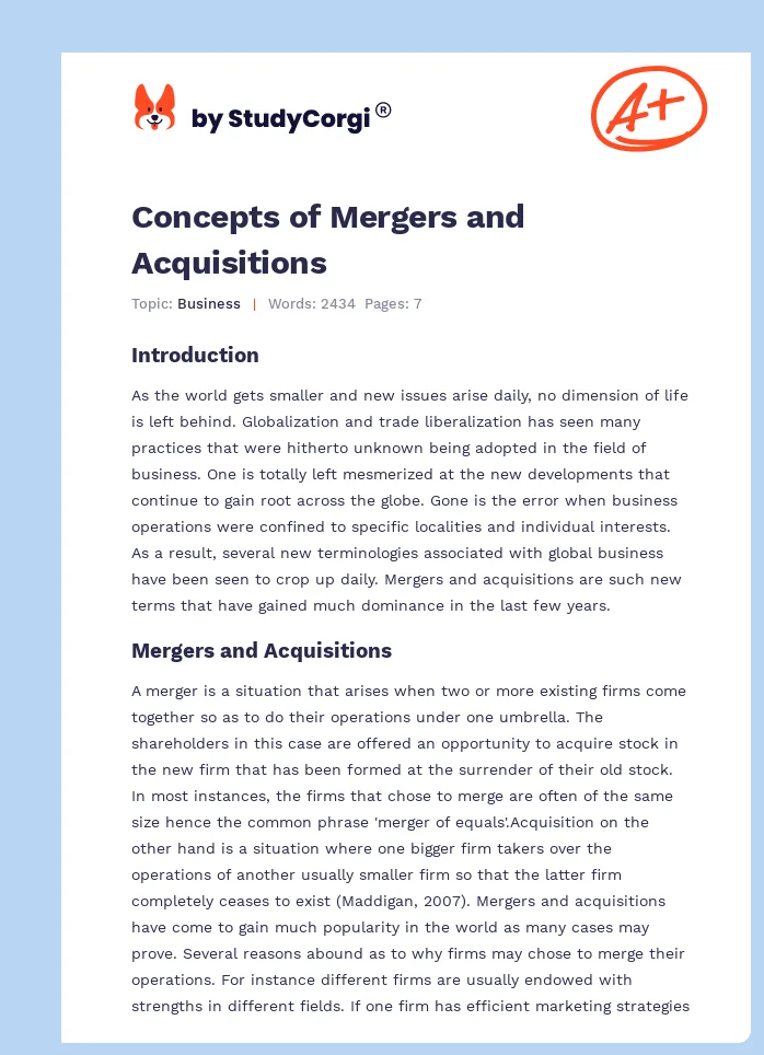 Concepts of Mergers and Acquisitions. Page 1
