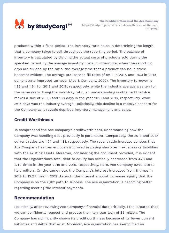 The Creditworthiness of the Ace Company. Page 2