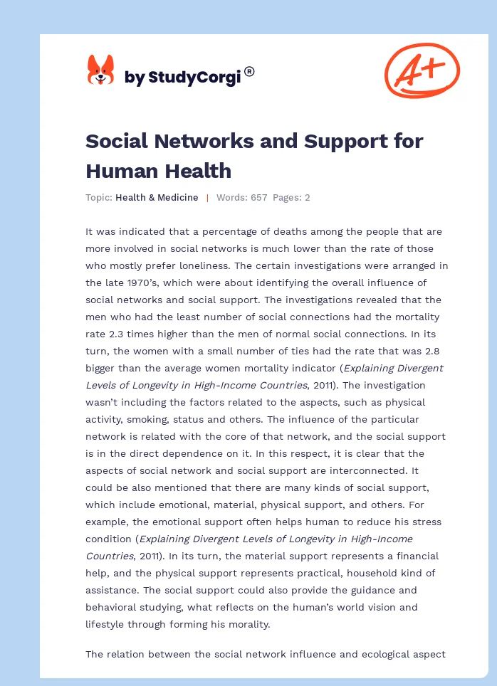 Social Networks and Support for Human Health. Page 1