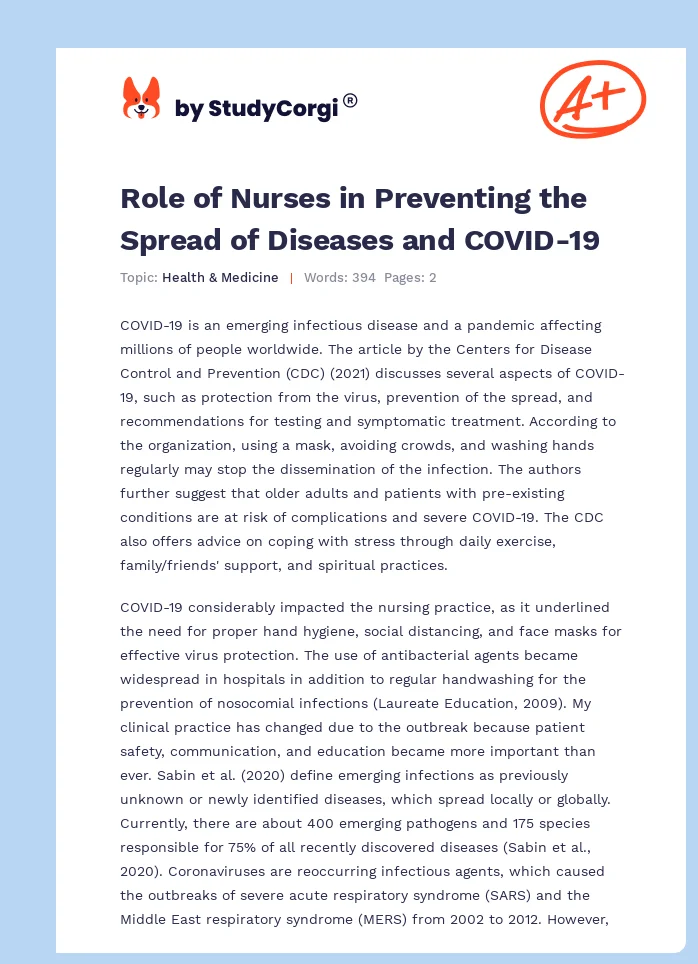 Role of Nurses in Preventing the Spread of Diseases and COVID-19. Page 1