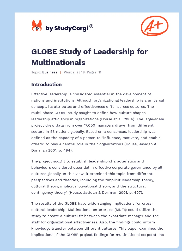 GLOBE Study of Leadership for Multinationals. Page 1