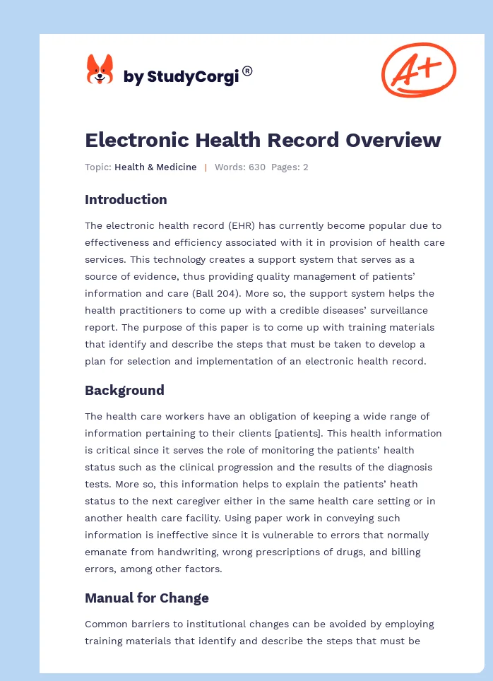 Electronic Health Record Overview. Page 1