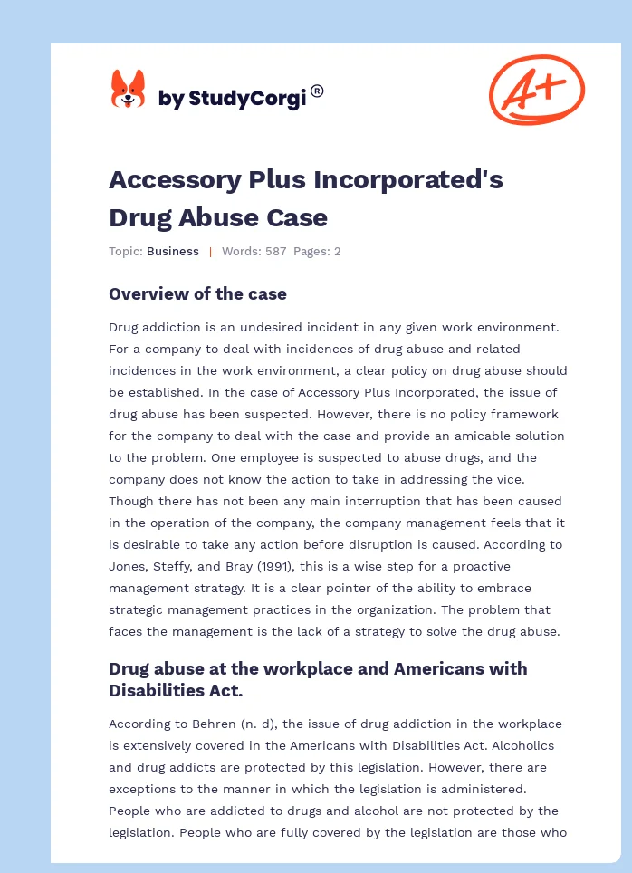Accessory Plus Incorporated's Drug Abuse Case. Page 1
