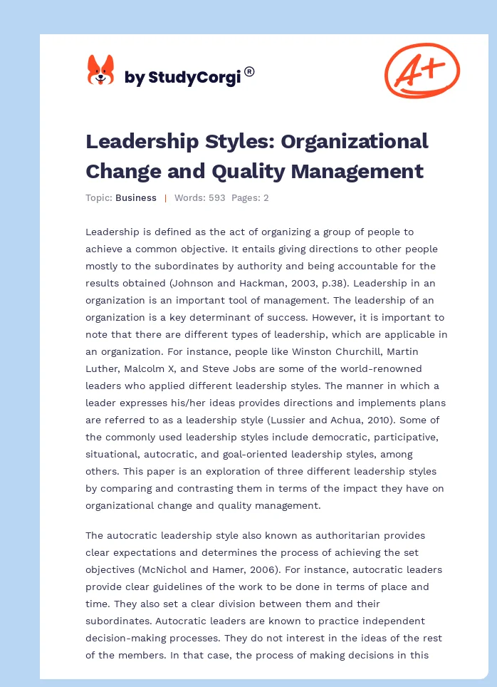 Leadership Styles: Organizational Change and Quality Management. Page 1