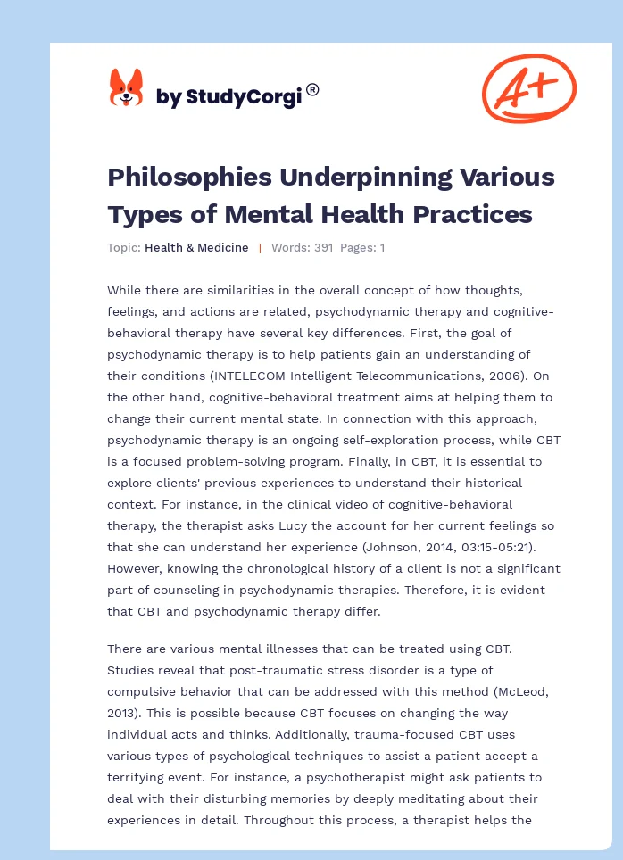 Philosophies Underpinning Various Types of Mental Health Practices. Page 1