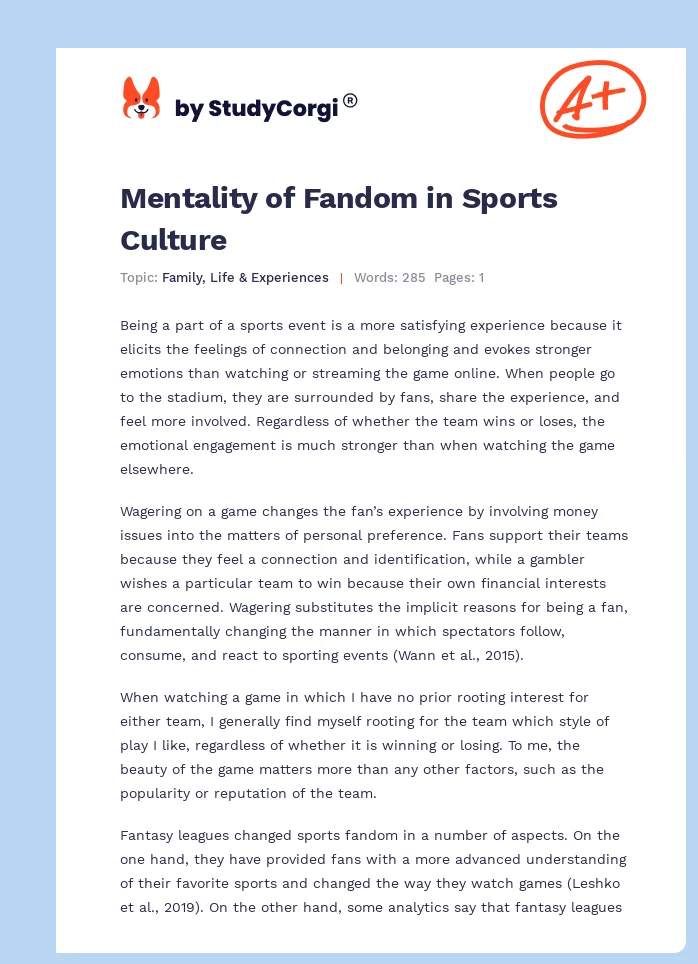 Mentality of Fandom in Sports Culture. Page 1