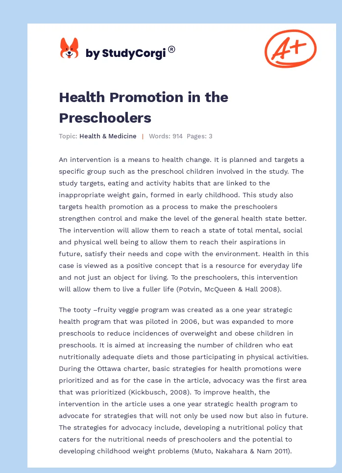 Health Promotion in the Preschoolers. Page 1
