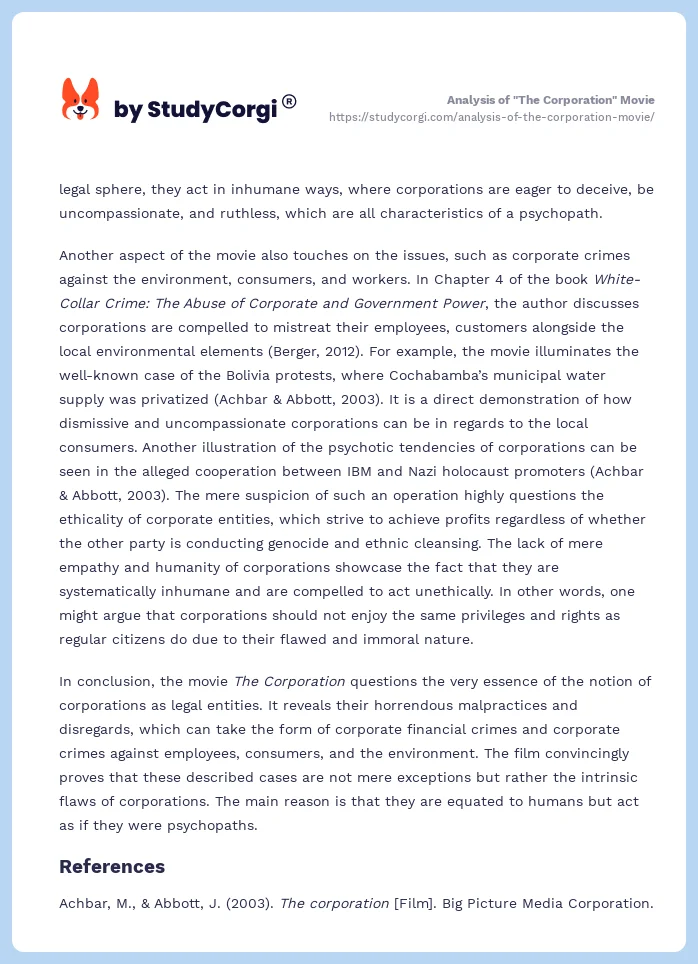 Analysis of "The Corporation" Movie. Page 2