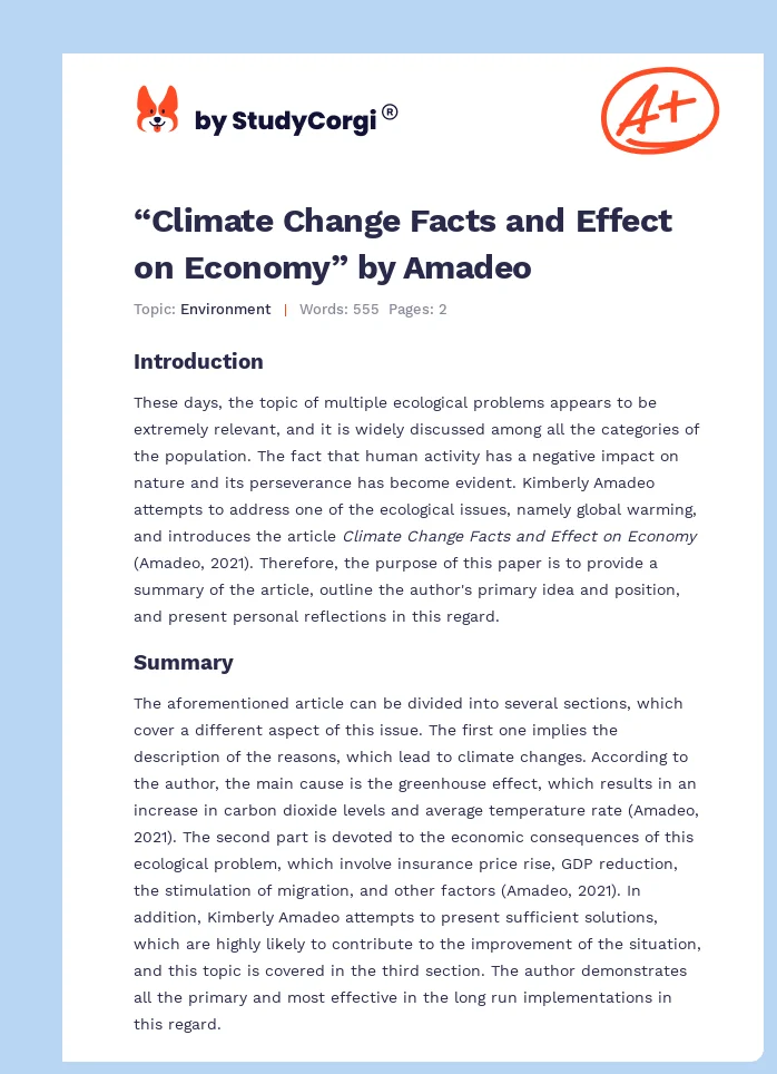 “Climate Change Facts and Effect on Economy” by Amadeo. Page 1