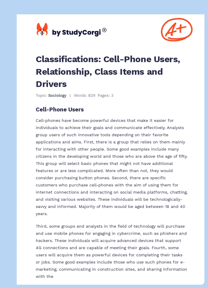 Classifications: Cell-Phone Users, Relationship, Class Items and Drivers. Page 1