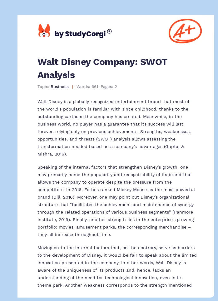 Walt Disney Company: SWOT Analysis. Page 1