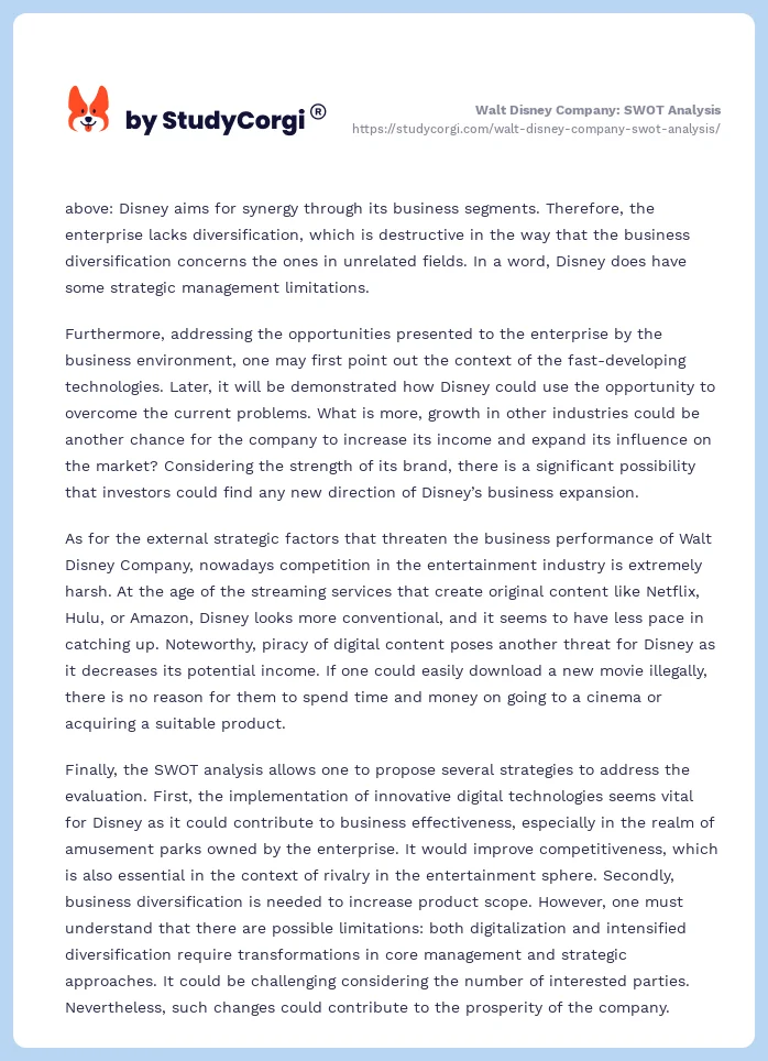 Walt Disney Company: SWOT Analysis. Page 2