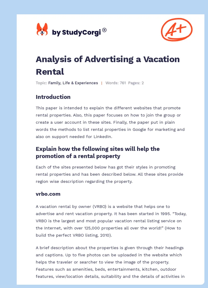 Analysis of Advertising a Vacation Rental. Page 1