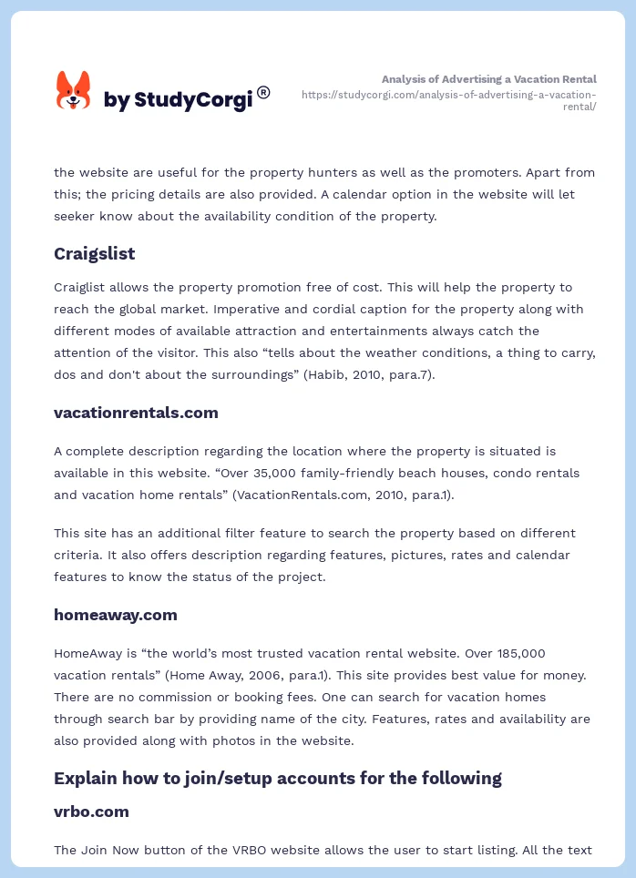 Analysis of Advertising a Vacation Rental. Page 2