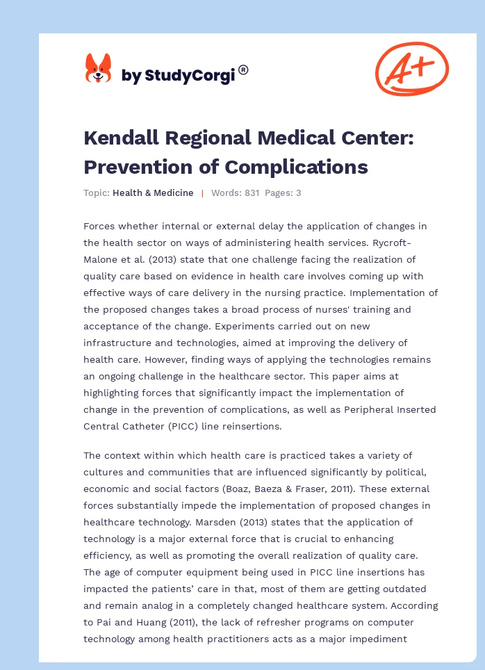 Kendall Regional Medical Center: Prevention of Complications. Page 1