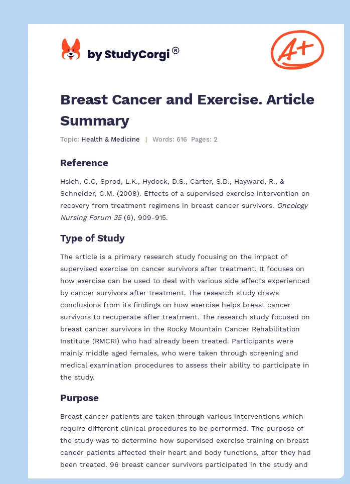 Breast Cancer and Exercise. Article Summary. Page 1