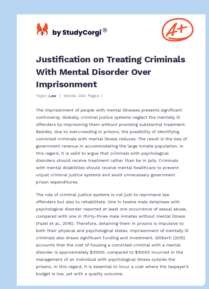 Justification on Treating Criminals With Mental Disorder Over Imprisonment. Page 1