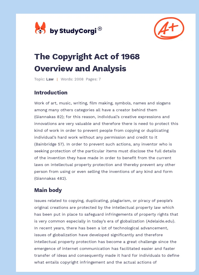 The Copyright Act of 1968 Overview and Analysis. Page 1