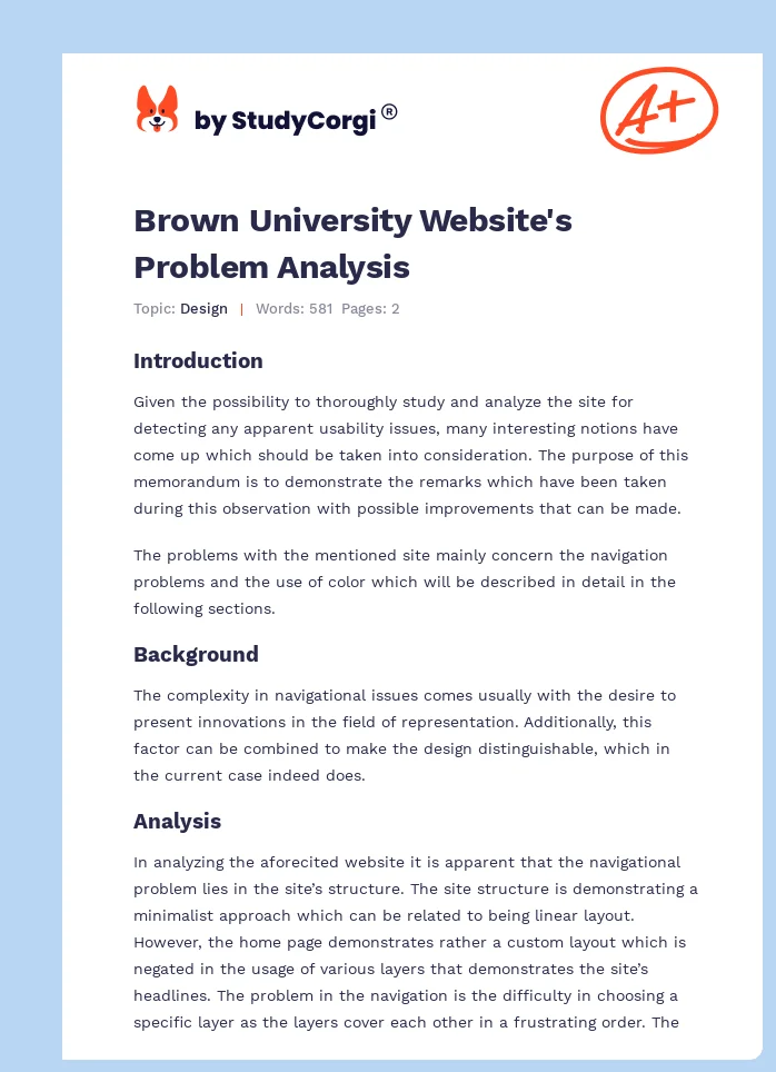 Brown University Website's Problem Analysis. Page 1