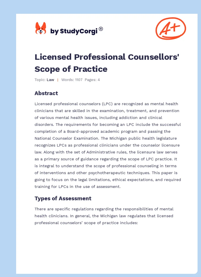 Licensed Professional Counsellors' Scope of Practice. Page 1