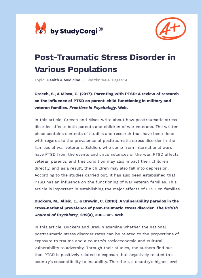 Post-Traumatic Stress Disorder in Various Populations. Page 1