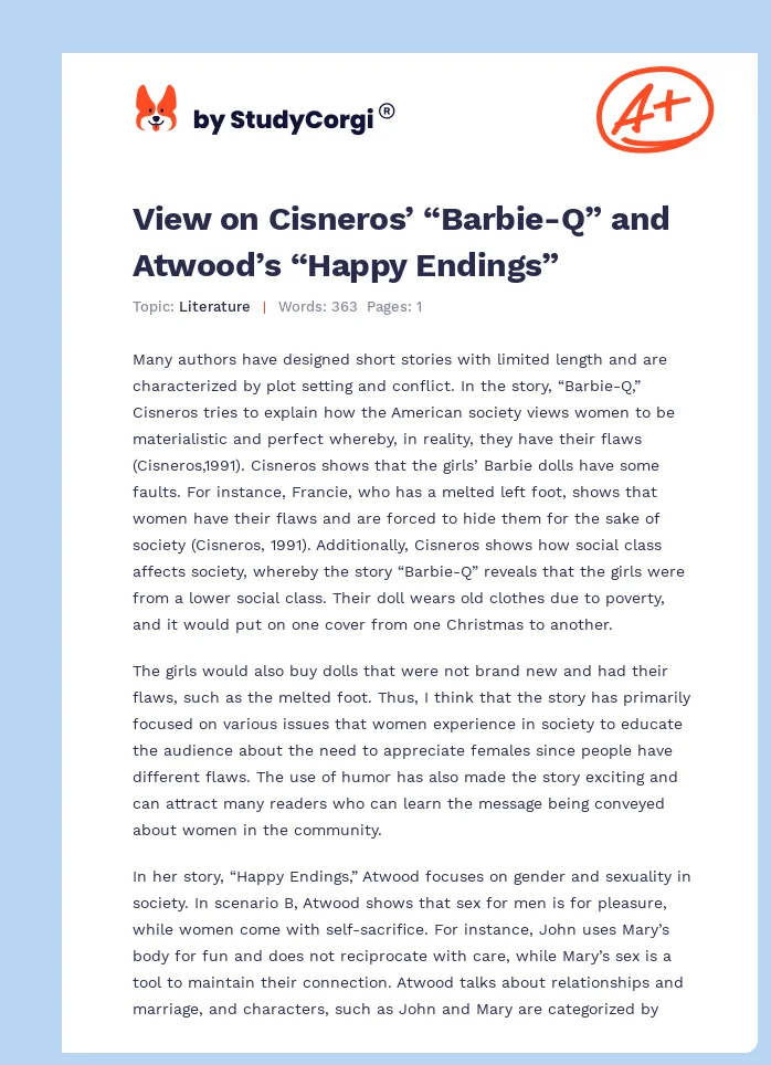 View on Cisneros’ “Barbie-Q” and Atwood’s “Happy Endings”. Page 1