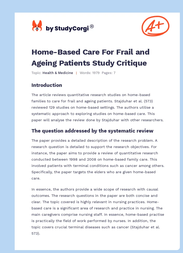 Home-Based Care For Frail and Ageing Patients Study Critique. Page 1