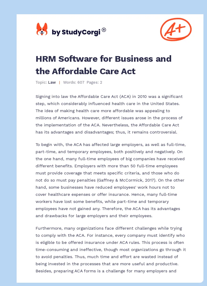 HRM Software for Business and the Affordable Care Act. Page 1