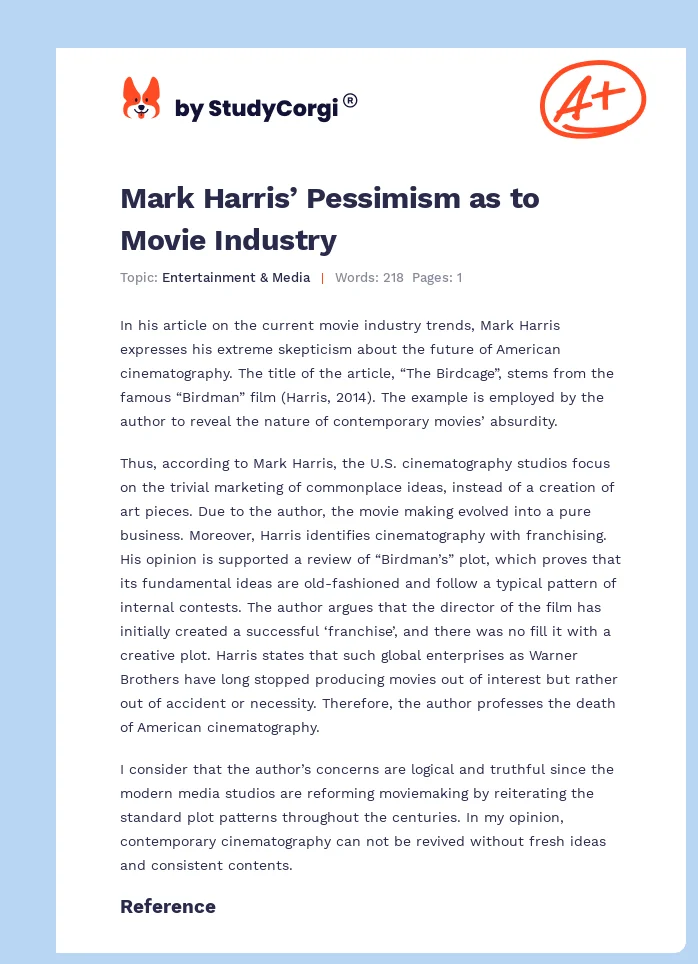 Mark Harris’ Pessimism as to Movie Industry. Page 1