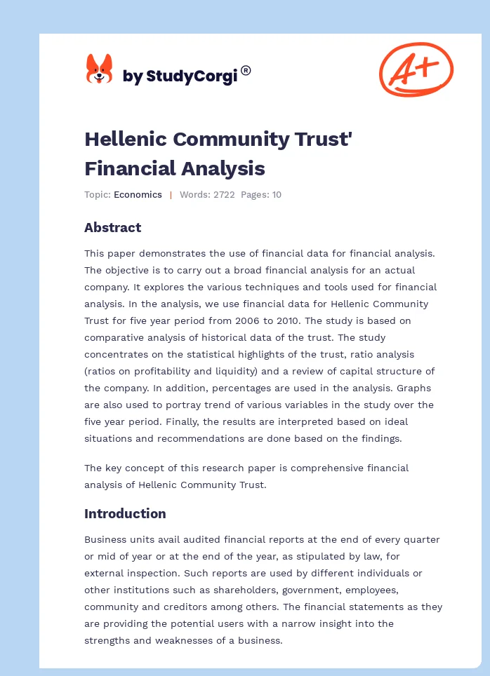 Hellenic Community Trust' Financial Analysis. Page 1